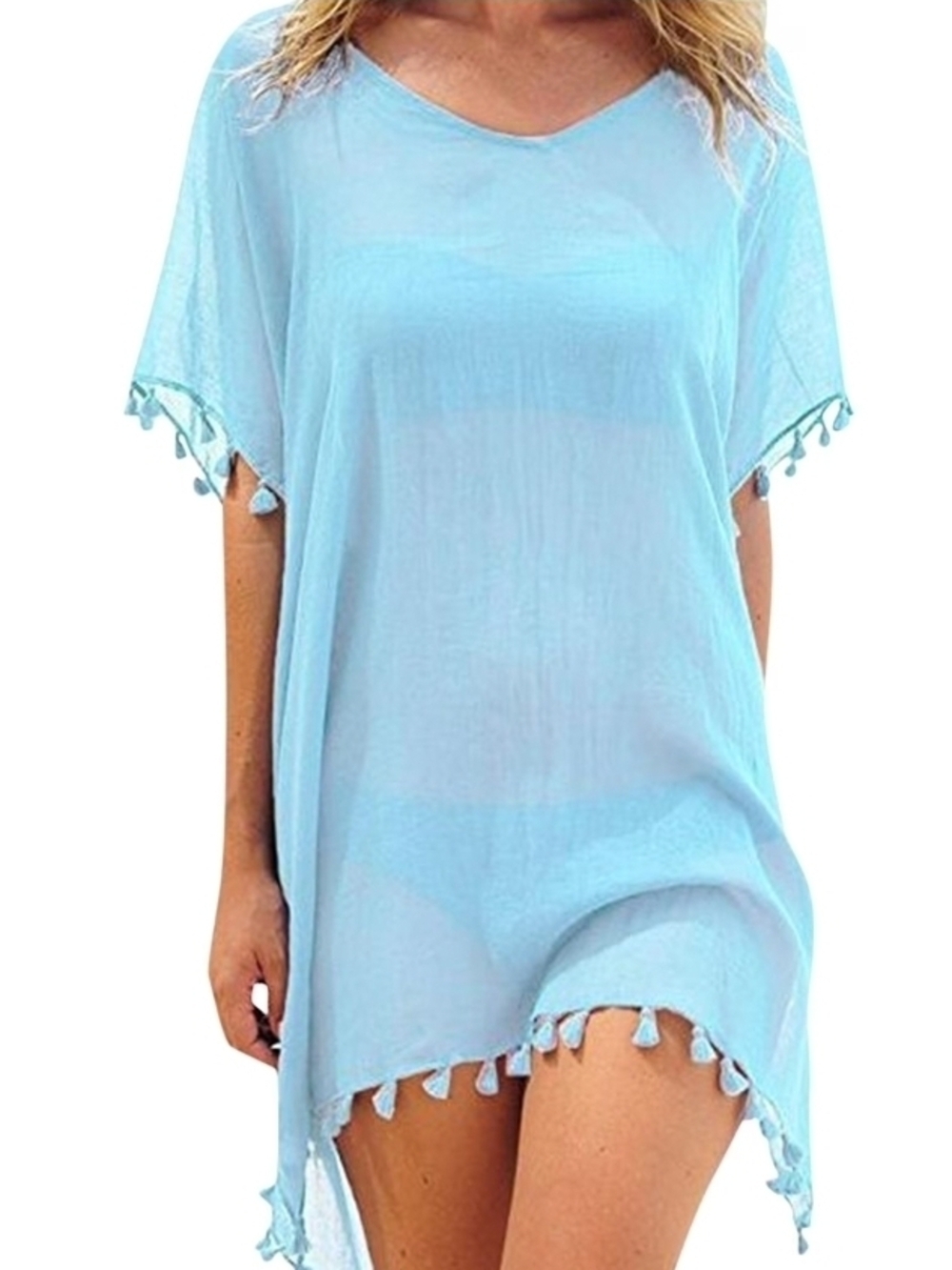 Light Blue V-Neck Fringe Beach Cover-Up Small
